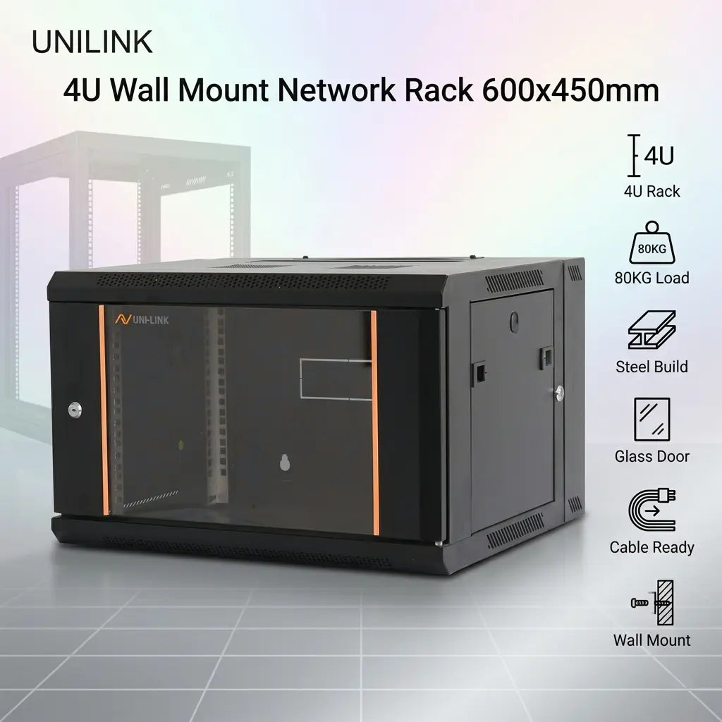 Unilink 4U Wall Mount Network Rack 600x450mm With Glass Door, 80KG Load, SPCC Steel Build, Cable Management, Fan Support, IP20 Cabinet For Networking AV Telecom Systems