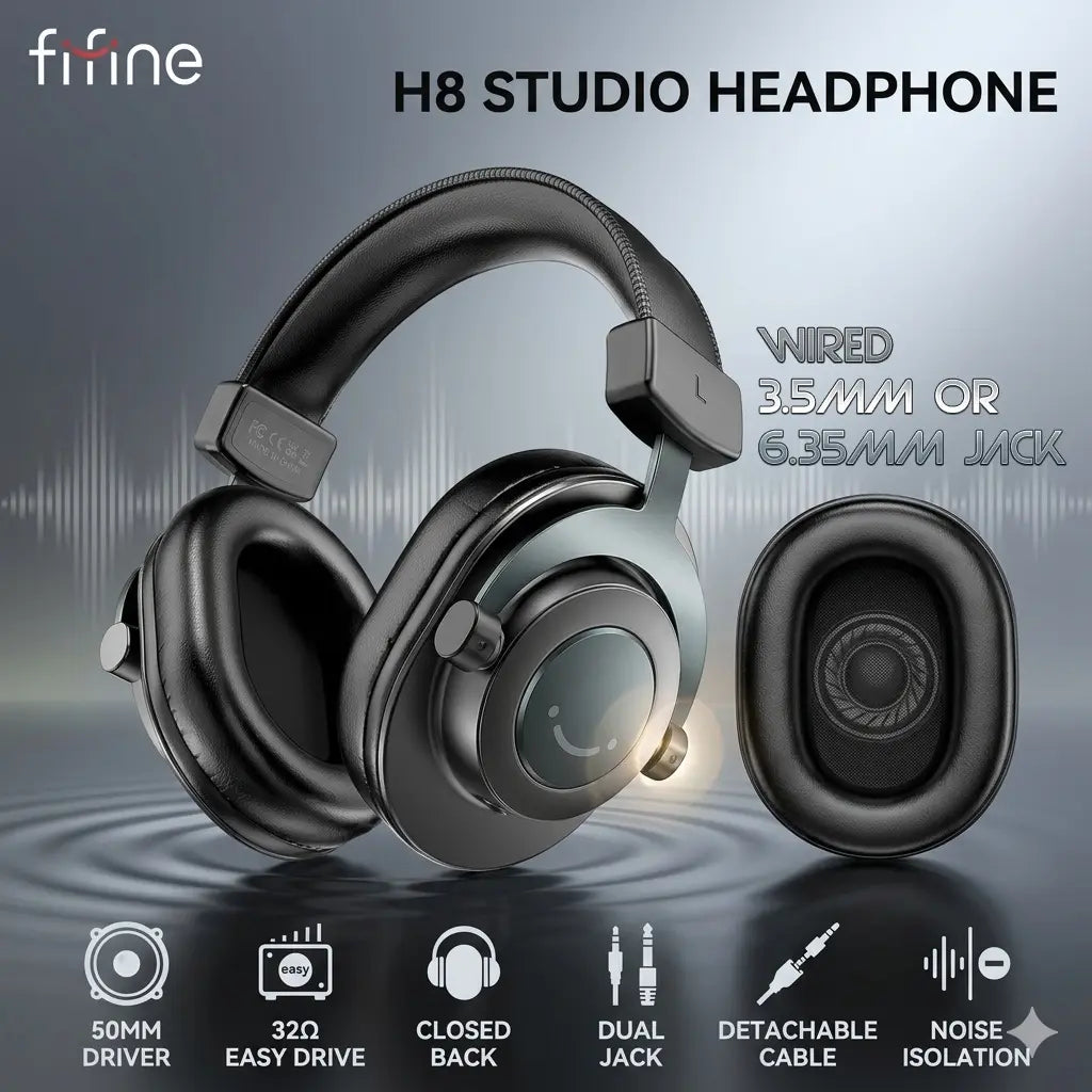 FIFINE H8 Wired Studio Headphone 3.5mm + 6.35mm for Recording, Closed-Back, 50mm Drivers, 32Ω, Passive Noise Isolation, Detachable Cable, Retractable Design For Monitoring Gaming Podcast | BLACK