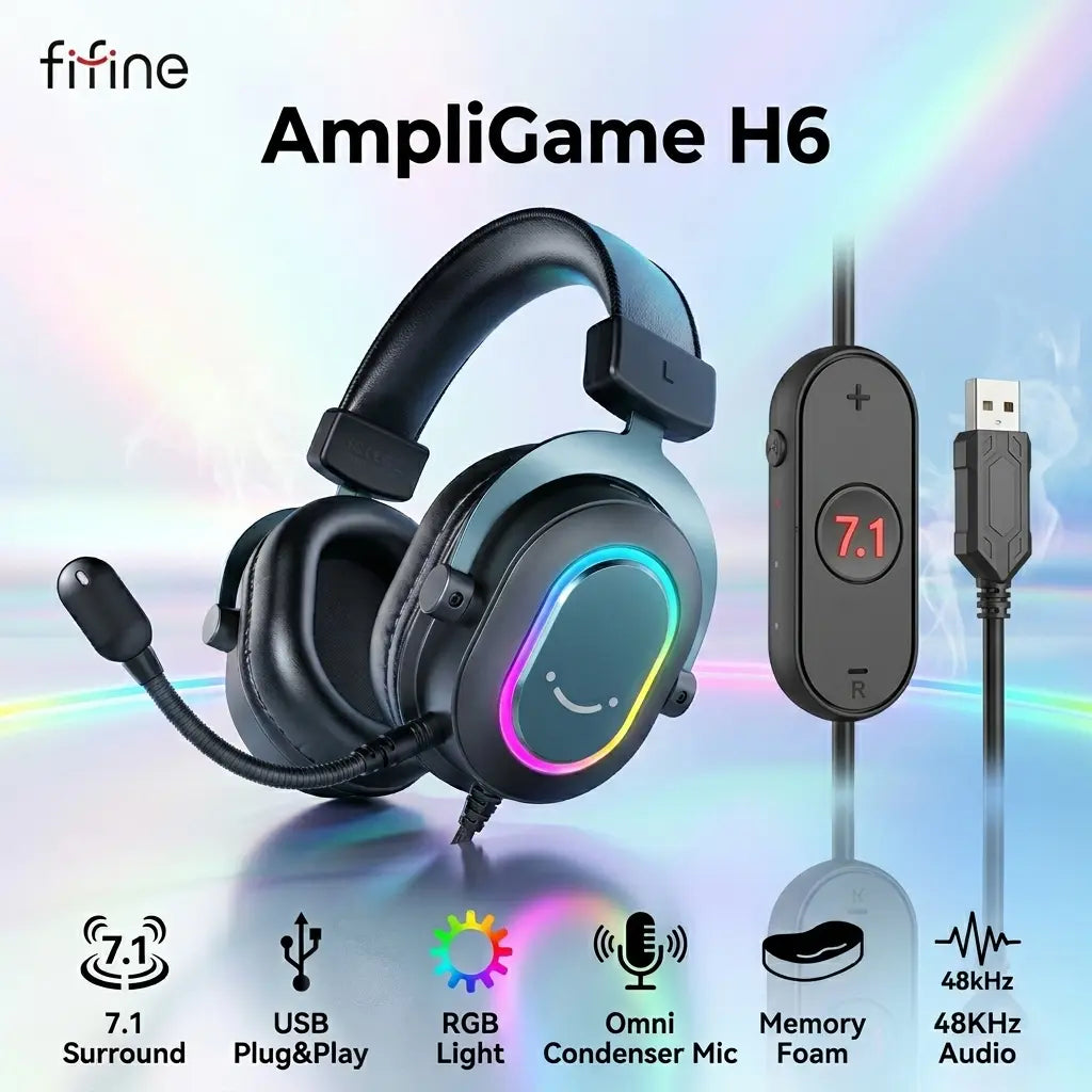 FIFINE AmpliGame H6 USB Gaming Headset with RGB & 7.1 Surround Sound, Omni Condenser Mic, 48KHz, USB-A, Lightweight Memory Foam Breathable Ear Cushions, Streaming Headphones on PS4/PS5 | BLACK
