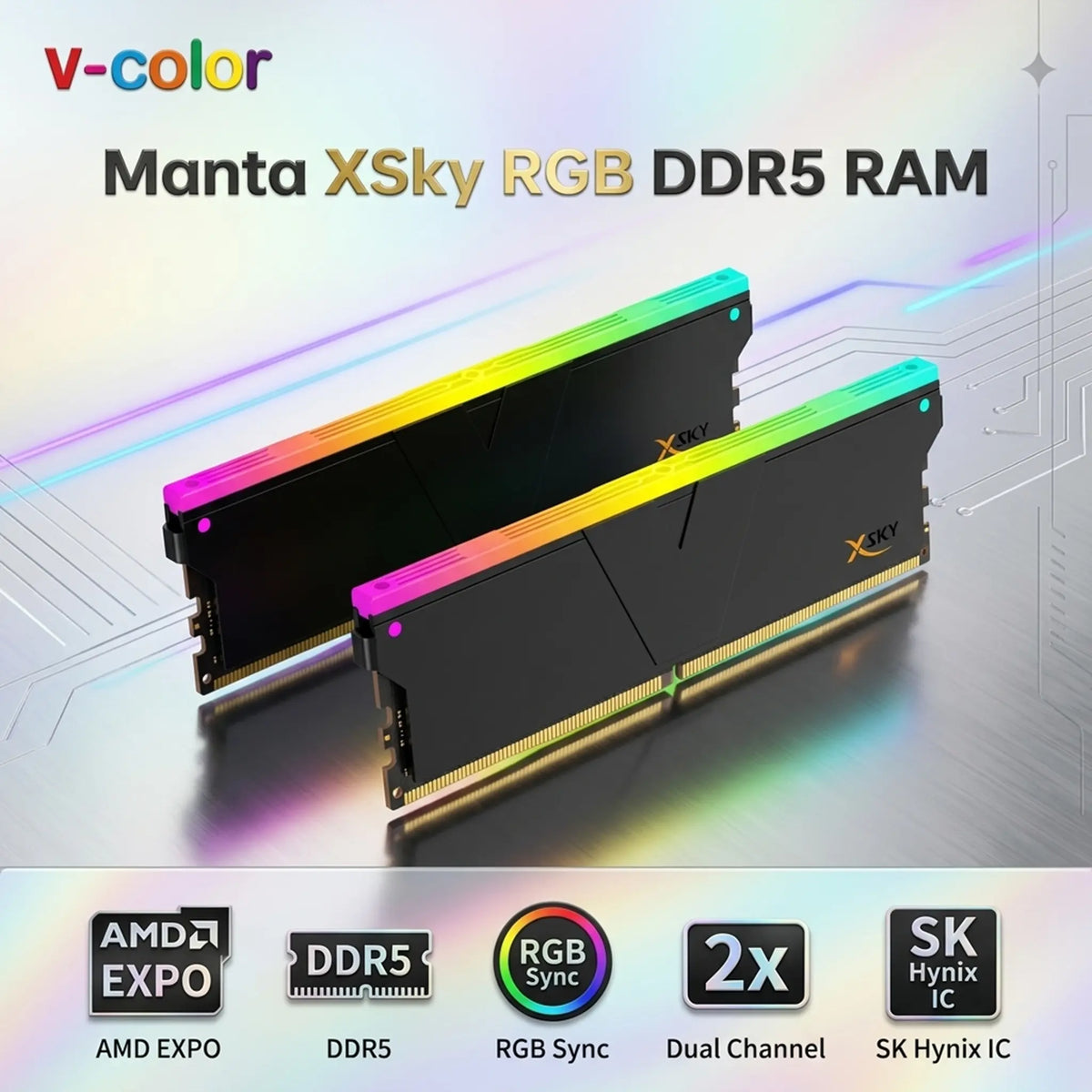 V-Color Manta XSky RGB DDR5 16GB 6000MT/s CL30 1.35V EXPO RAM Kit (2x 8GB), SK Hynix IC, AMD AM5 Optimized, RGB Sync, On-Die ECC, High Performance Gaming Memory | BLACK ~ TMXSAL8G60830KWK