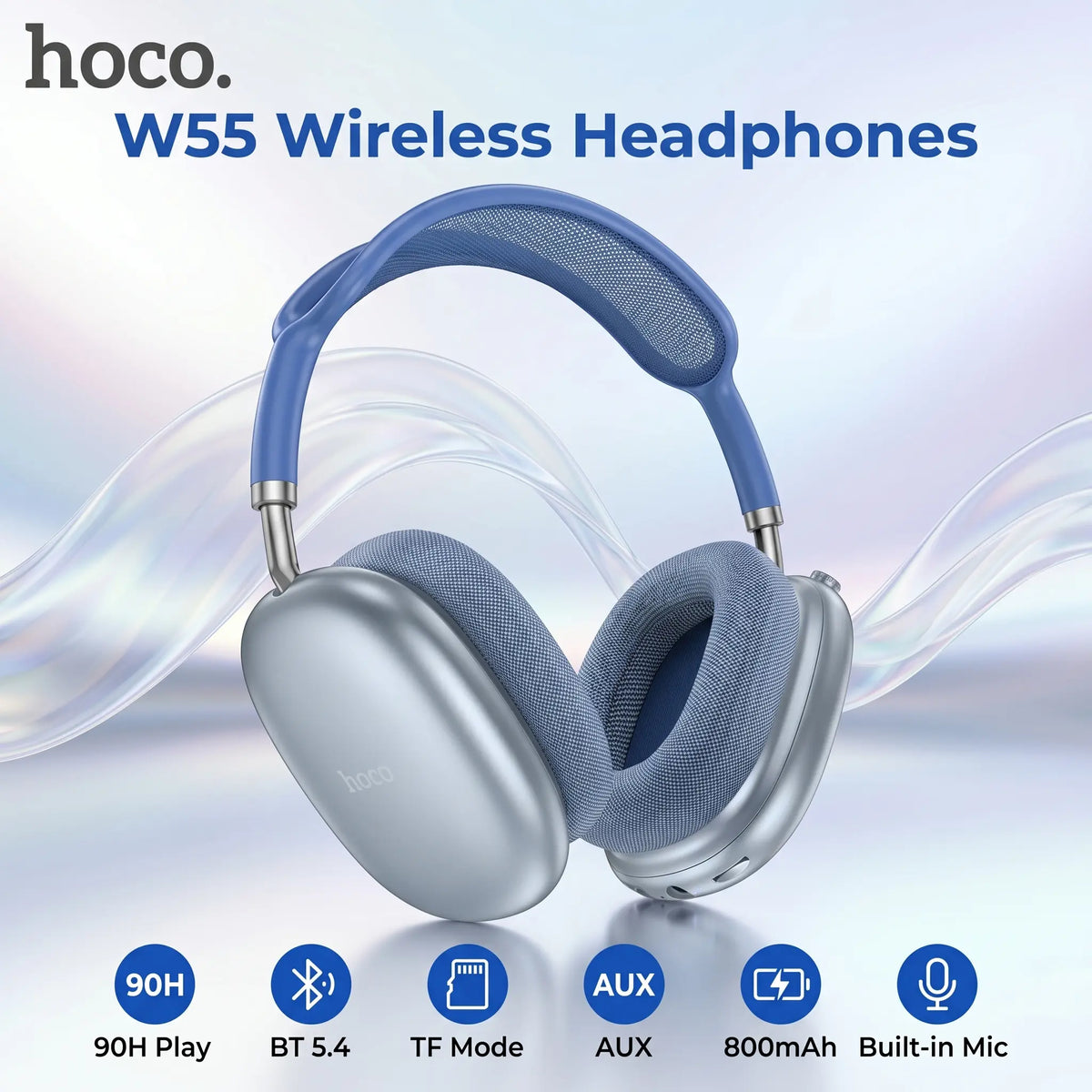 HOCO W55 Wireless Bluetooth 5.4 Headphones, 90H Battery, 800mAh, 40mm Drivers, TF Card, AUX, Built-In Mic, Closed Design, Multi Mode | SKY BLUE