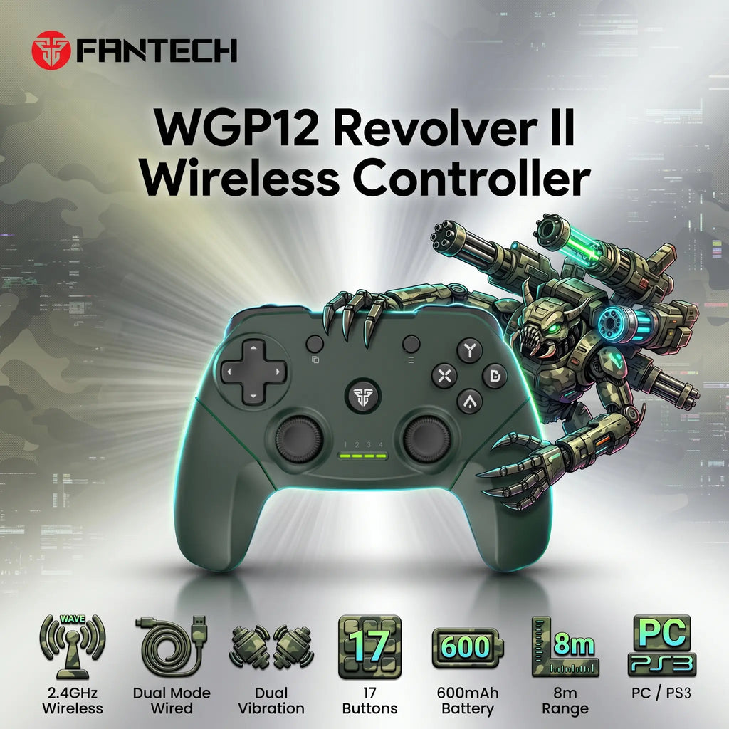 FANTECH WGP12 Revolver II Wireless Gaming Controller, 2.4GHz Dual Mode With Wired Option, 17 Buttons, Dual Vibration, 600mAh Rechargeable Battery, For PC And PS3 | Green