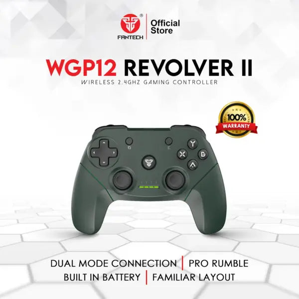 FANTECH WGP12 Revolver II Wireless Gaming Controller, 2.4GHz Dual Mode With Wired Option, 17 Buttons, Dual Vibration, 600mAh Rechargeable Battery, For PC And PS3 | Green