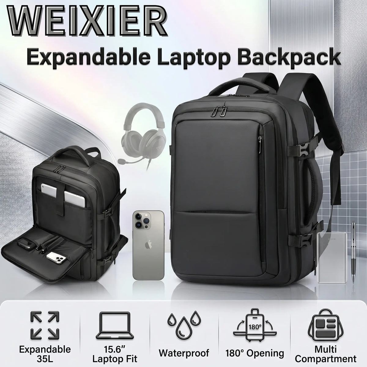 WEIXIER Expandable Laptop Backpack , 20–35L , 15.6 Inch Laptop Padded Sleeve , Tech Accessories Compartments , Waterproof 900D Oxford, 180° Opening, Dry Wet Separation | BLACK