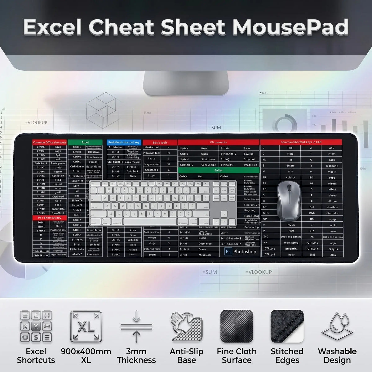 Excel Shortcut Keys Extended Mouse Pad, 900x400mm Large Desk Mat With Anti Slip Rubber Base, Fine Cloth Surface, Stitched Edges, Washable , 3mm Thickness