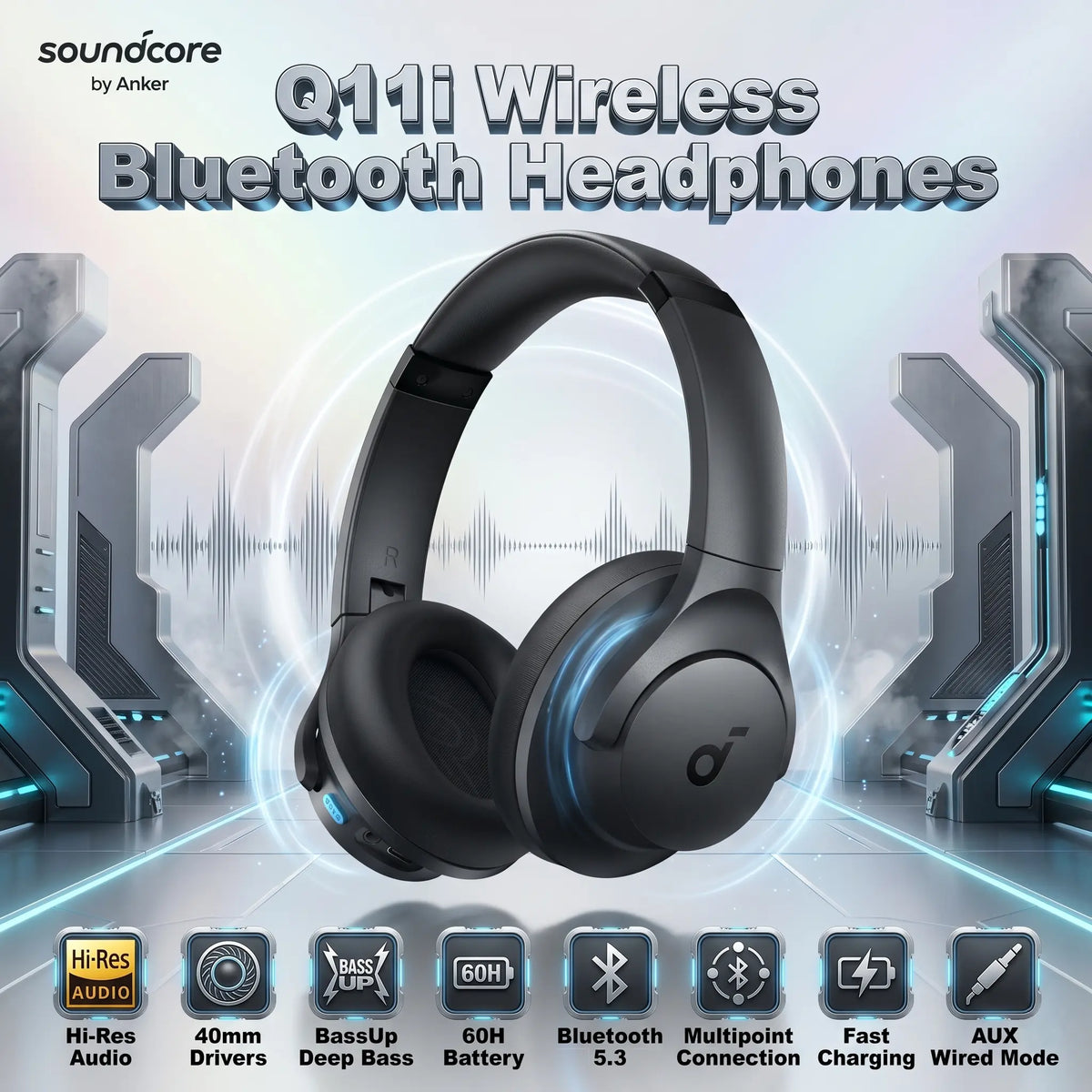 soundcore by Anker Q11i Wireless Over-Ear Bluetooth 5.3 Headphones , Deep Bass, 60H Playtime, Hi-Res Audio, 40mm Drivers, Detachable Ear Cushions, Multipoint Connection, AUX | JET-BLACK