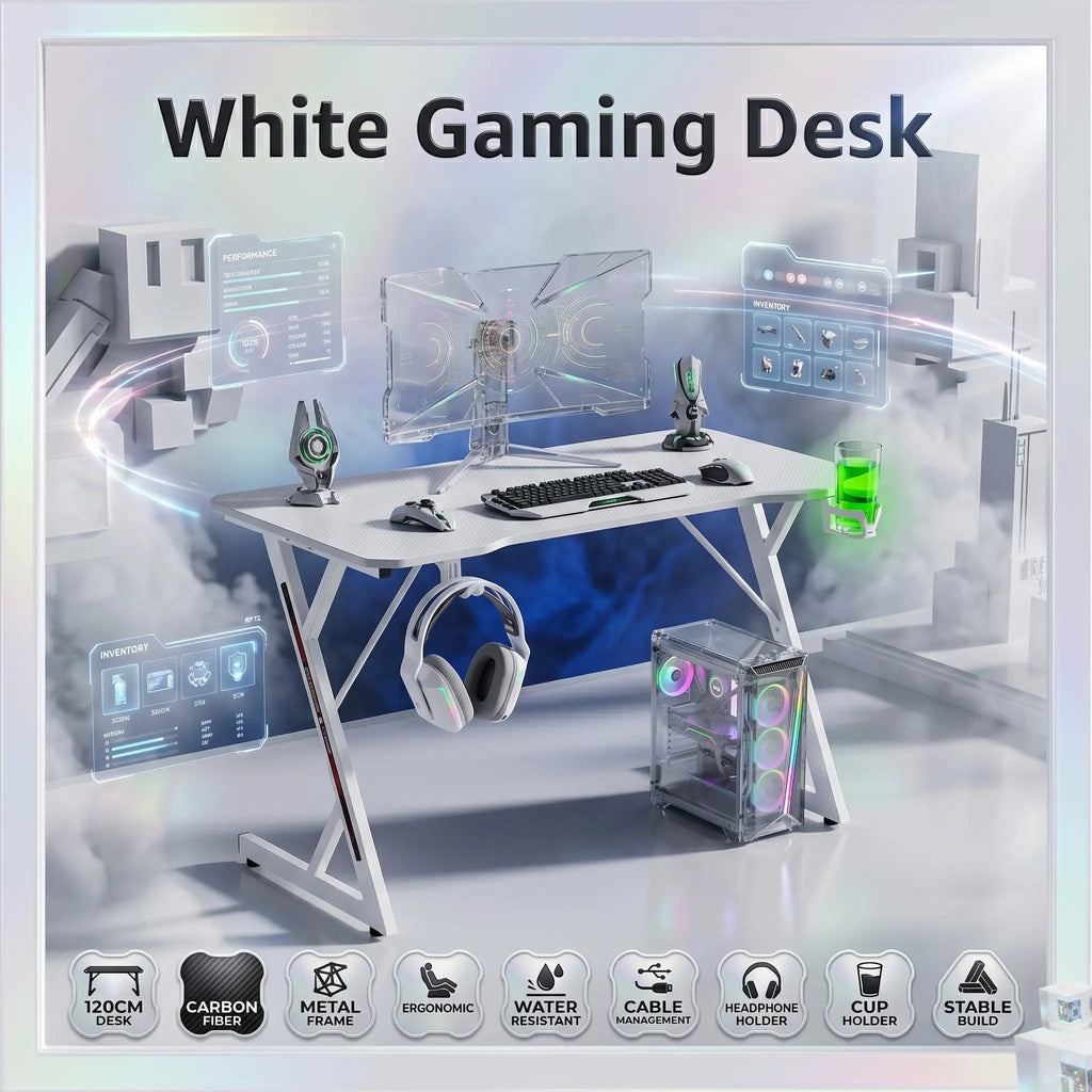 White Gaming Desk 120x60CM With Carbon Fiber Surface, Metal Frame, Cable Management, Headphone Hook & Cup Holder Ergonomic Gaming Table