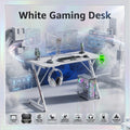 White Gaming Desk 120x60CM With Carbon Fiber Surface, Metal Frame, Cable Management, Headphone Hook & Cup Holder Ergonomic Gaming Table