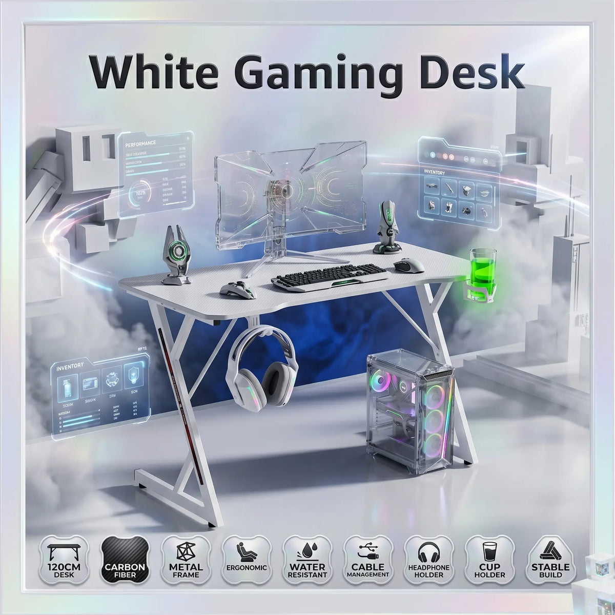 White Gaming Desk 120x60CM With Carbon Fiber Surface, Metal Frame, Cable Management, Headphone Hook & Cup Holder Ergonomic Gaming Table