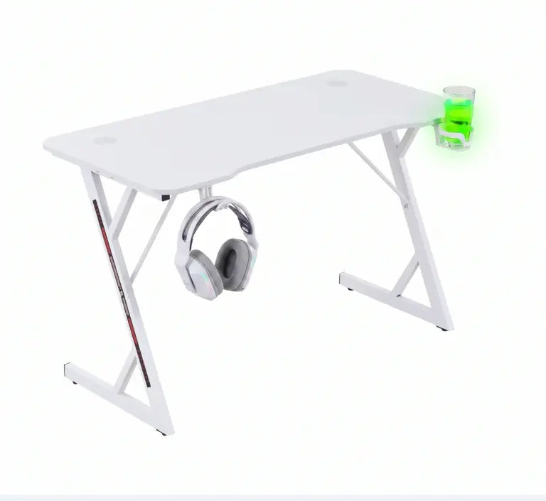White Gaming Desk 120x60CM With Carbon Fiber Surface, Metal Frame, Cable Management, Headphone Hook & Cup Holder Ergonomic Gaming Table