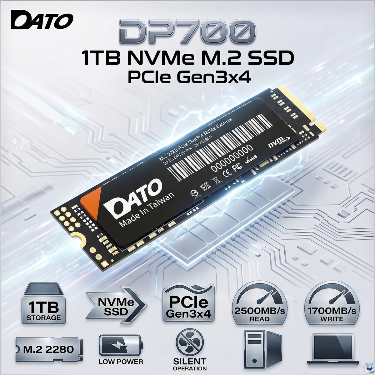 DATO DP700 1TB M.2 NVMe SSD PCIe Gen3x4 , 2500 MB/s Read , 1700MB/s Write , Internal Solid State Drive 2280 Form Factor | DP700SSD-1TB