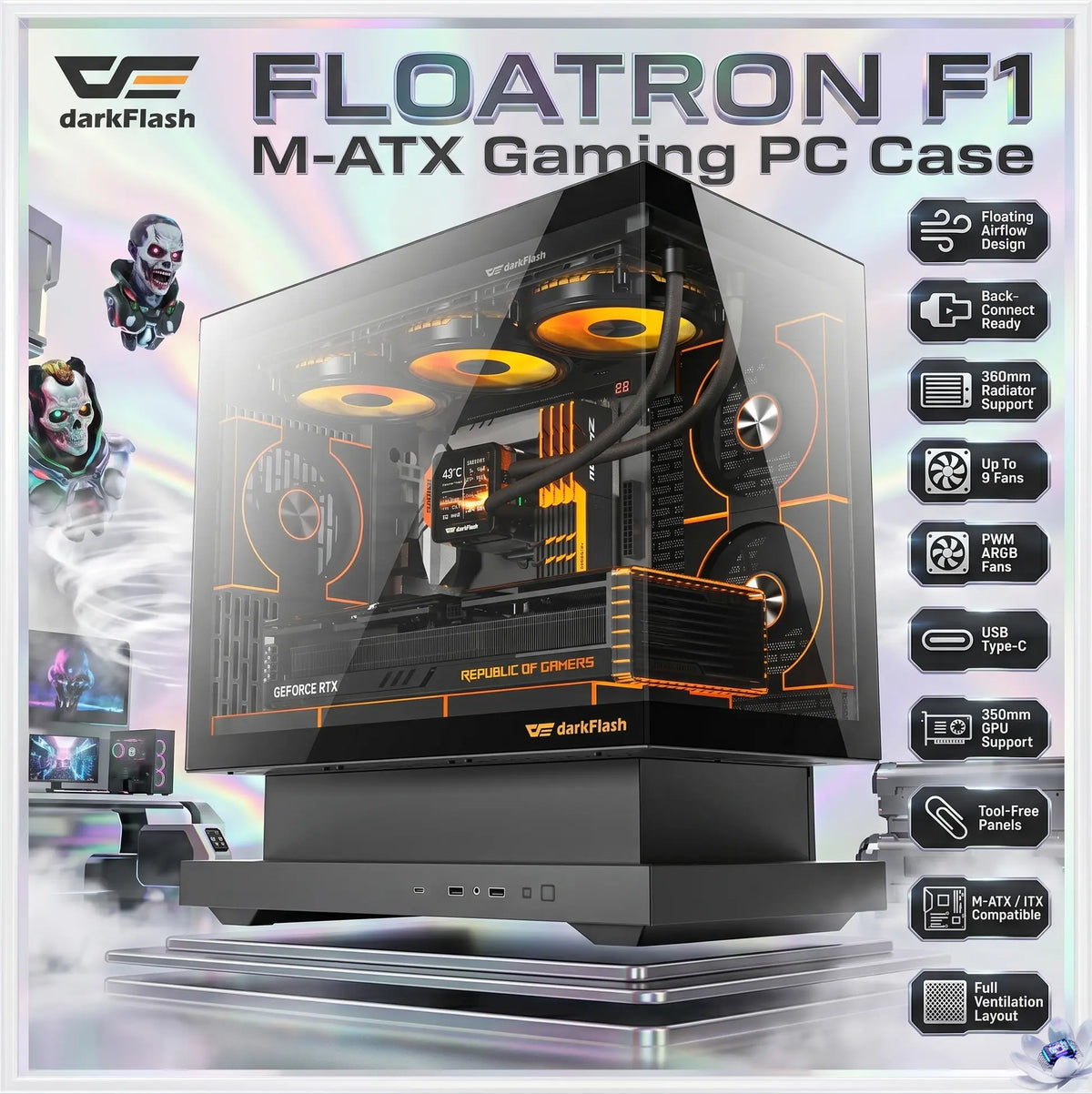 darkFlash FLOATRON F1 M-ATX Gaming PC Case, Back-Connect Compatible, Type-C, ARGB PWM Fans, 360mm Radiator Support, 350mm GPU Clearance | Black