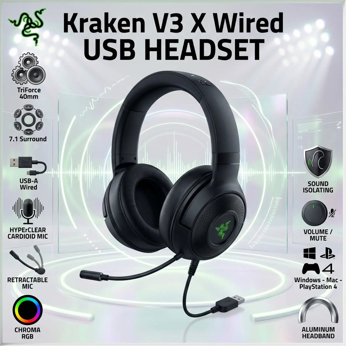 Razer Kraken V3 X Wired USB Gaming Headset, TriForce 40mm Drivers, HyperClear Cardioid Retractable Mic, 7.1 Surround, Chroma RGB, USB-A | Black