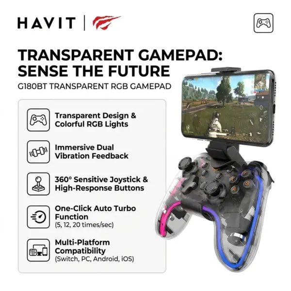 Havit G180BT Transparent RGB Wireless Gamepad, Bluetooth 5.0 + EDR, Dual Vibration, 800mAh Battery, 5–10 Hours, For Android, Windows, And Smart TVs.