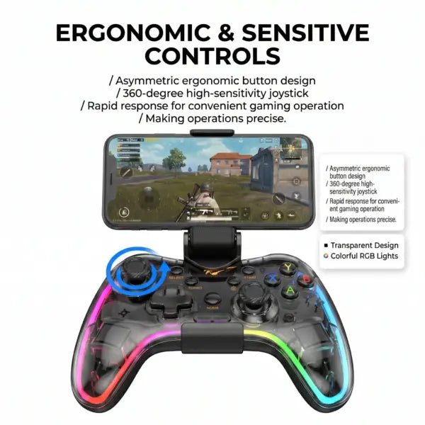 Havit G180BT Transparent RGB Wireless Gamepad, Bluetooth 5.0 + EDR, Dual Vibration, 800mAh Battery, 5–10 Hours, For Android, Windows, And Smart TVs.