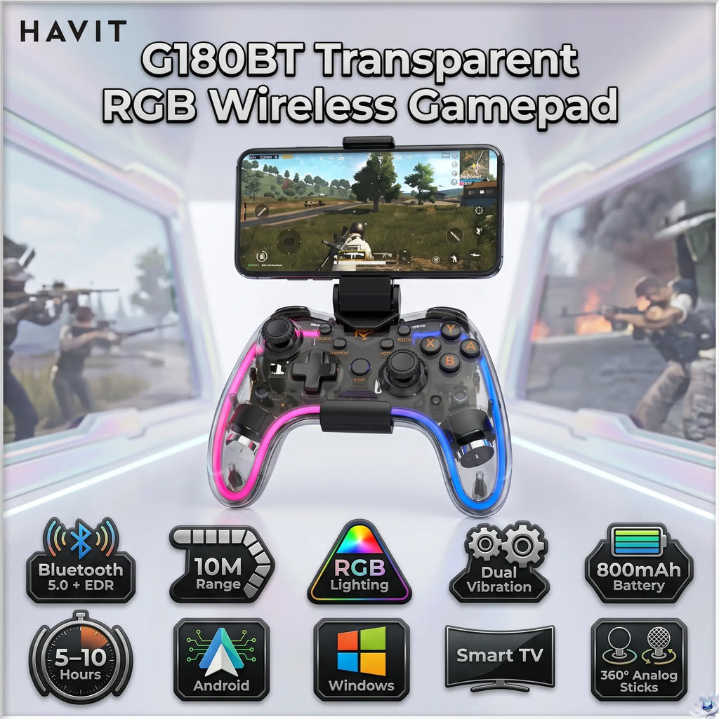 Havit G180BT Transparent RGB Wireless Gamepad, Bluetooth 5.0 + EDR, Dual Vibration, 800mAh Battery, 5–10 Hours, For Android, Windows, And Smart TVs.