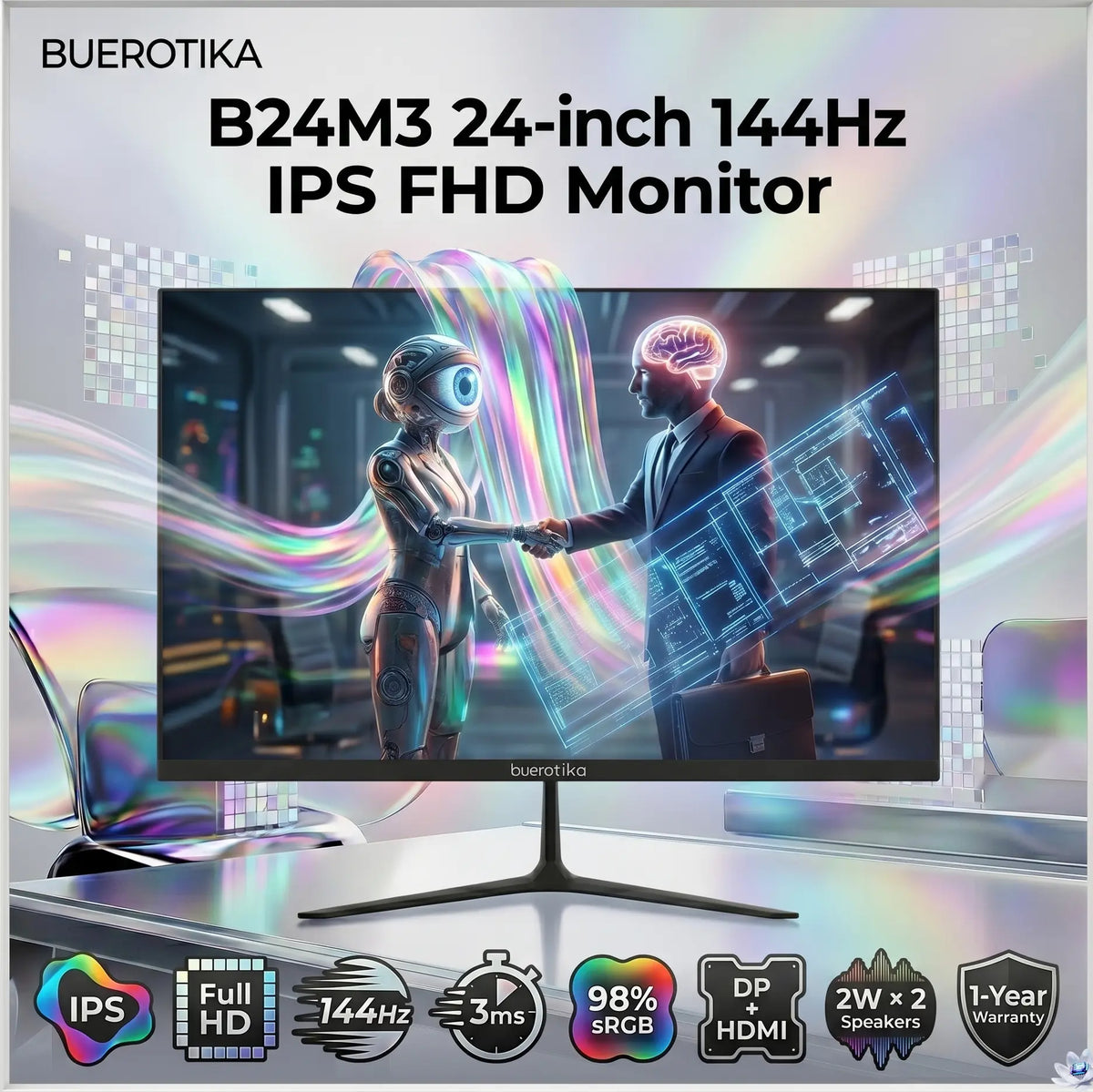 BUEROTIKA B24M3 23.8″ IPS Full HD Monitor, 144Hz, 3ms, 98% sRGB, 16.7M Colors, DP, HDMI, Audio Out, Dual 2W Speakers, 1-Year Warranty