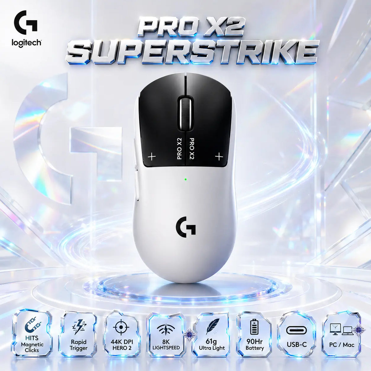 Logitech G PRO X2 SUPERSTRIKE LIGHTSPEED Wireless Gaming Mouse, HITS Magnetic Rapid Trigger, HERO 2 44K DPI, 8K Polling, 61g, USB-C, 90Hr Battery, for PC/Mac | Lunar Eclipse