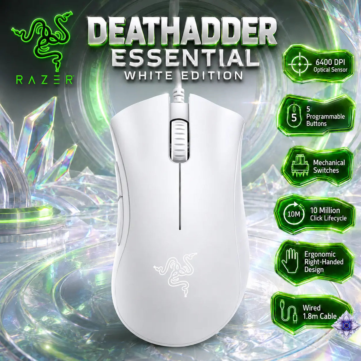 Razer DeathAdder Essential White Edition Wired Gaming Mouse, 6400 DPI Optical Sensor, 5 Programmable Buttons, Mechanical Switches, Ergonomic Right-Handed Design
