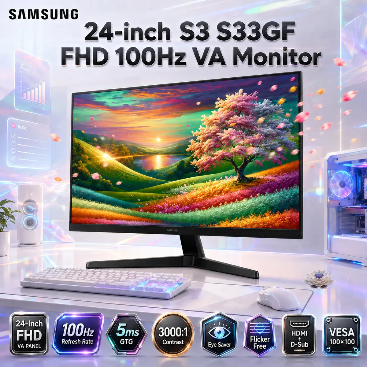 Samsung Essential S3 S33GF 24-Inch Full HD VA Monitor, 100Hz, 5ms GTG, 3000:1 Contrast, Eye Saver, Flicker Free, HDMI 1.4 + D-Sub, VESA 100×100