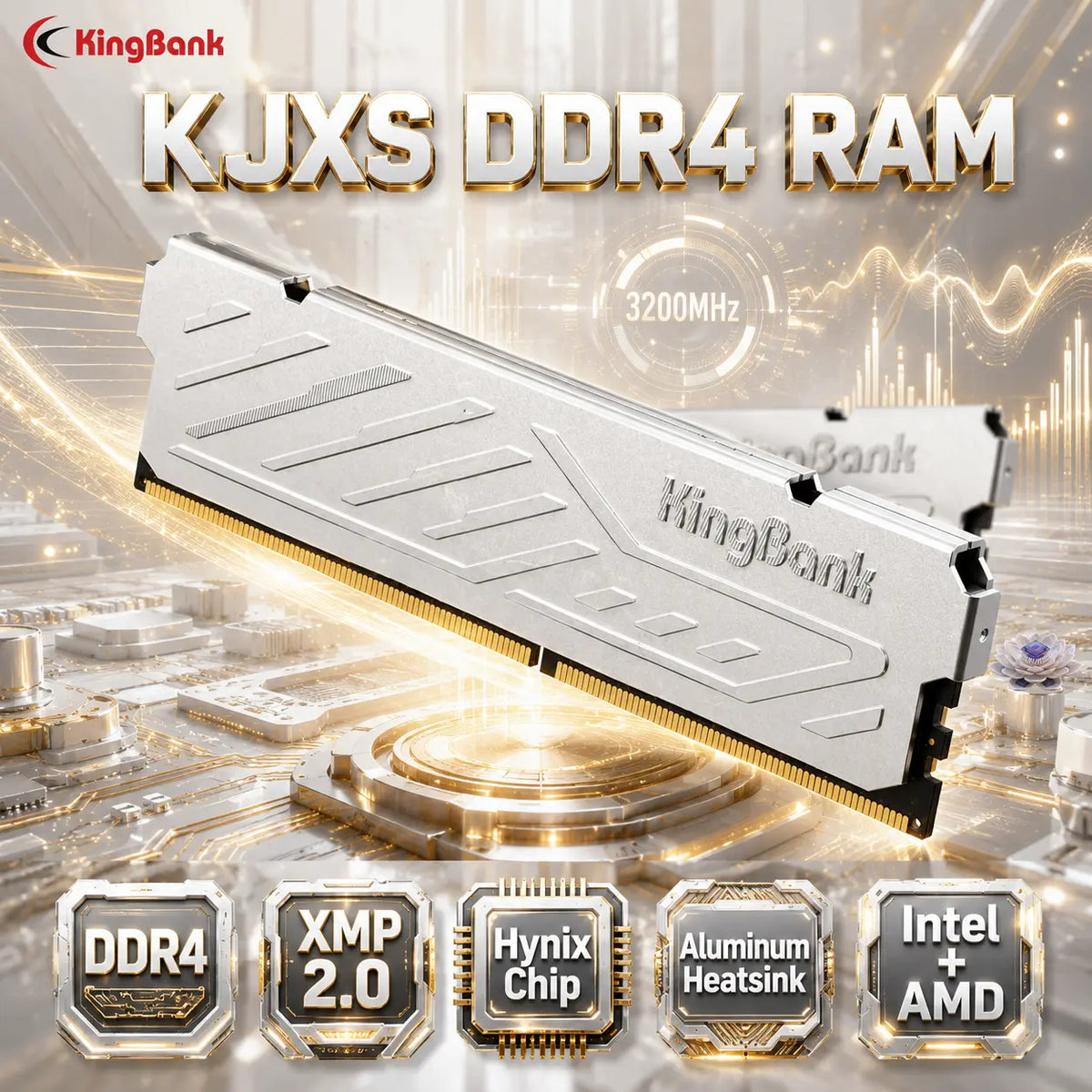 KINGBANK 16GB DDR4 3200MHz RAM, Single-Channel Desktop Memory 1.35V CL16, XMP2.0 Overclocking , AMD Compatible, Hynix Chip, Aluminum Heatsink, KJXS Series | SILVER ~ K5.01.FP049D7201