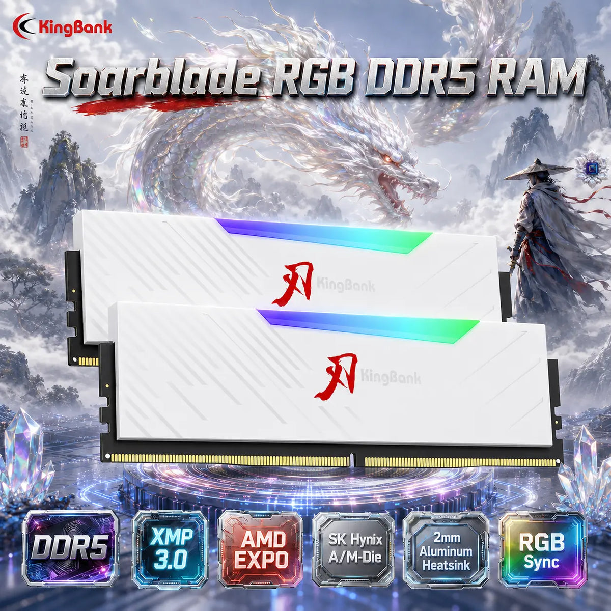 KINGBANK Soarblade RGB 32GB DDR5 Kit 6400MT/s (2×16GB) U-DIMM Memory, CL32, 1.4V, XMP 3.0, AMD EXPO, SK Hynix, 2mm Aluminum Heatsink | WHITE ~ K5.01.FLM5FD9301