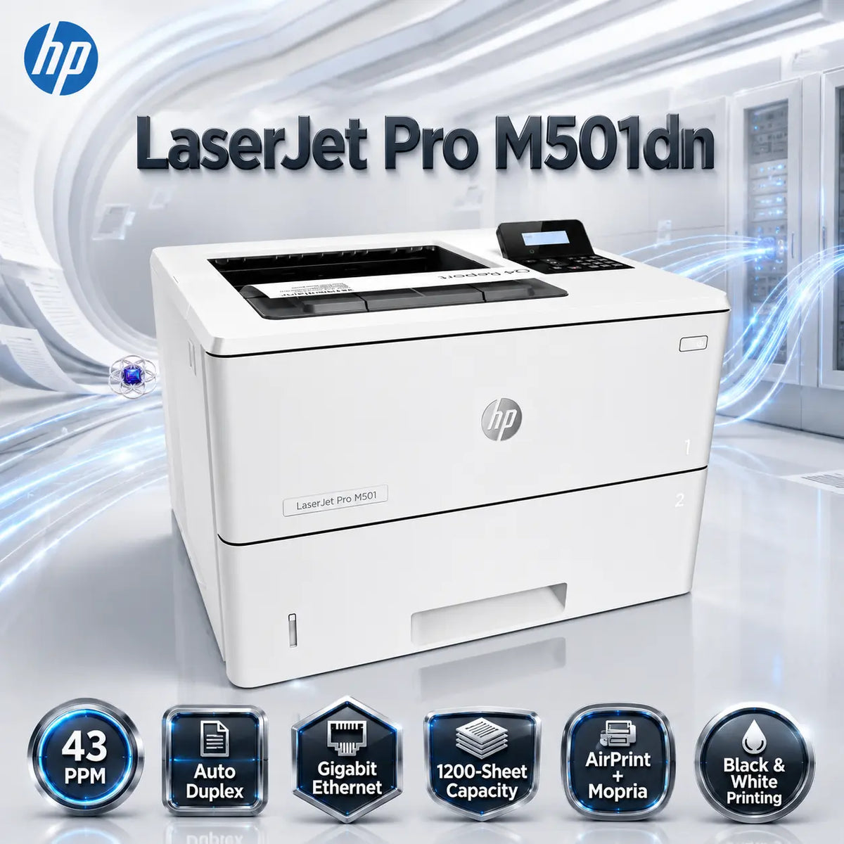 HP LaserJet Pro M501dn ” BLACK & WHITE” Network Printer, 43 PPM, Automatic Duplex, Gigabit Ethernet, USB 2.0, 1200-Sheet Expandable Input, AirPrint And Mopria | WHITE