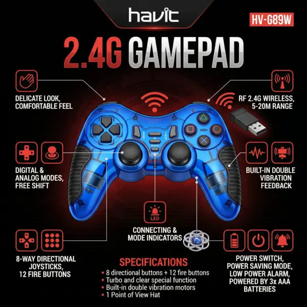 HAVIT 2.4GHz Wireless Gamepad With Dual Vibration, 12 Buttons, Digital and Analog Modes, Turbo Function, 5–20m Range and PC, PS1, PS2 and PS3 Support | Indigo Blue ~ HV-G89W