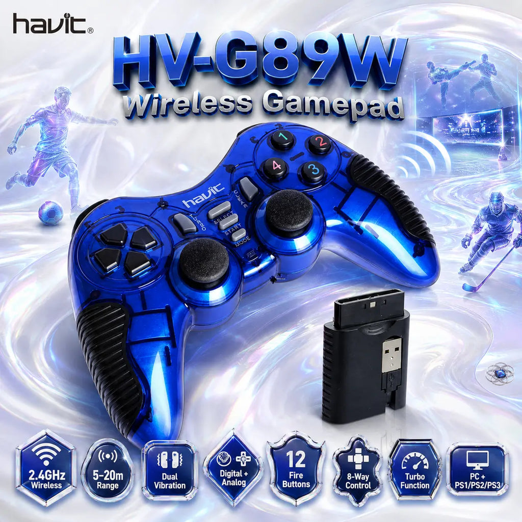 HAVIT 2.4GHz Wireless Gamepad With Dual Vibration, 12 Buttons, Digital and Analog Modes, Turbo Function, 5–20m Range and PC, PS1, PS2 and PS3 Support | Indigo Blue ~ HV-G89W