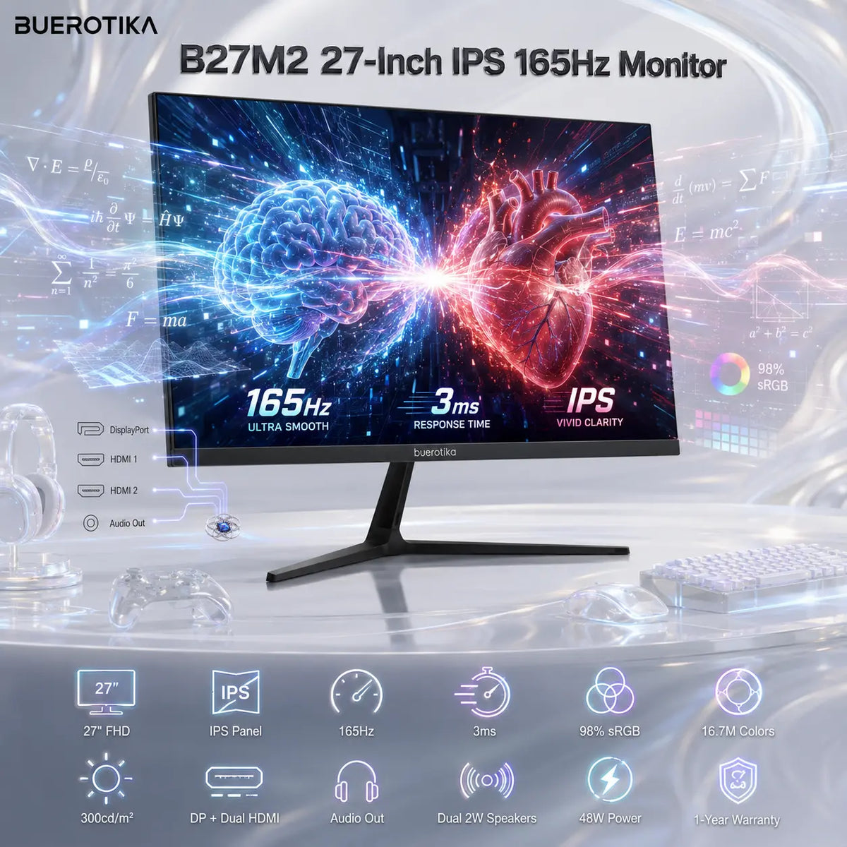 BUEROTIKA B27M2 27-Inch Full HD IPS Gaming Monitor, 165Hz, 3ms, 98% sRGB, 16.7M Colors, 300cd/m² Brightness, DP, Dual HDMI, Audio Out, Dual 2W Speakers | BLACK