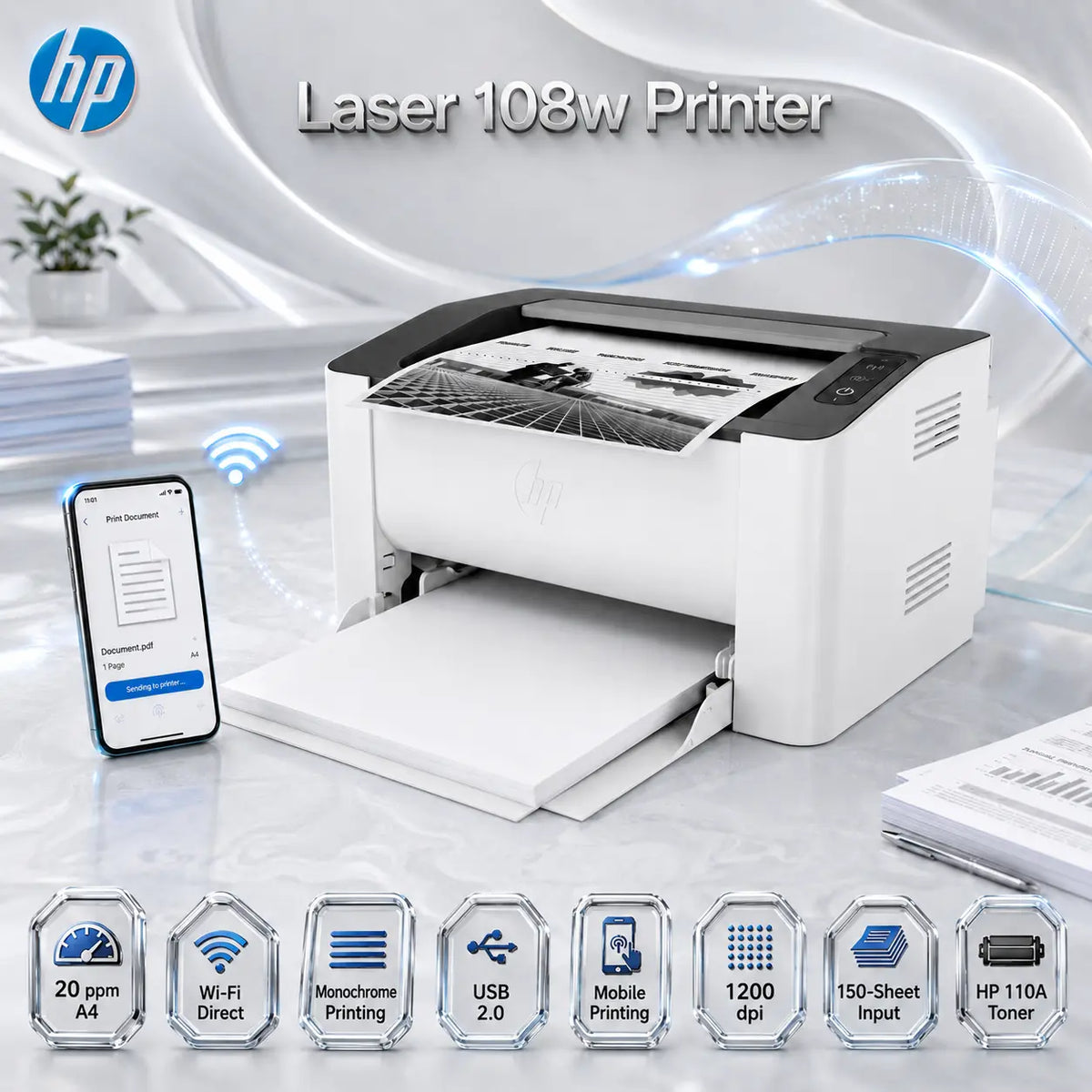 HP Laser 108w Wireless Mono (BLACK & WHITE ) Laser Printer, A4, USB 2.0 & Wi-Fi, 20 ppm, 1200 dpi, 150-Sheet Input, Manual Duplex, Mobile Printing, Compact Business Design | WHITE ~ 4ZB80A