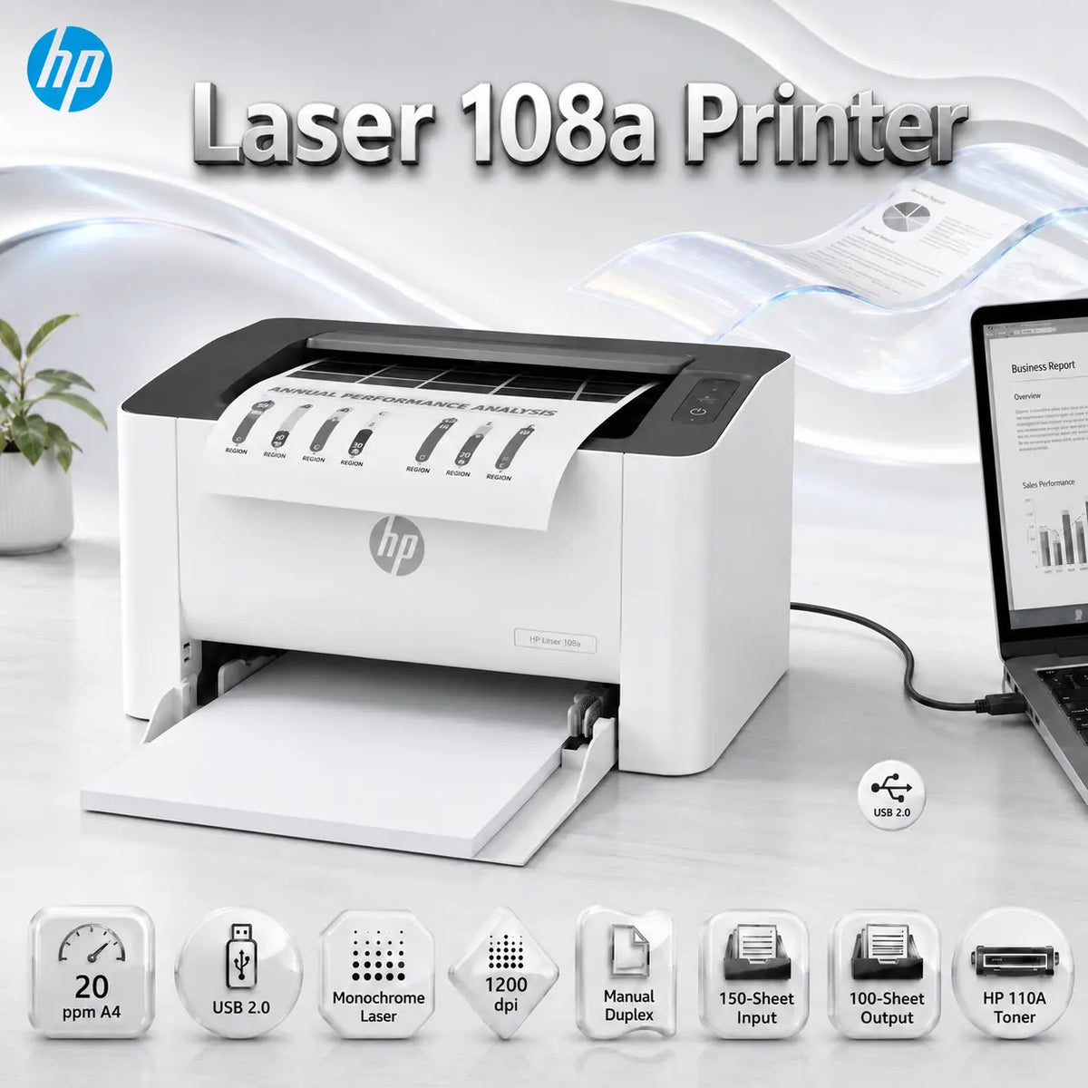 HP Laser 108a Mono (BLACK & WHITE) Laser Printer, A4, USB 2.0, 20 ppm, 1200 dpi, 150-Sheet Input, Manual Duplex, 110A Toner, 64 MB Memory, 400 MHz, Compact Business Design | WHITE ~ 4ZB79A
