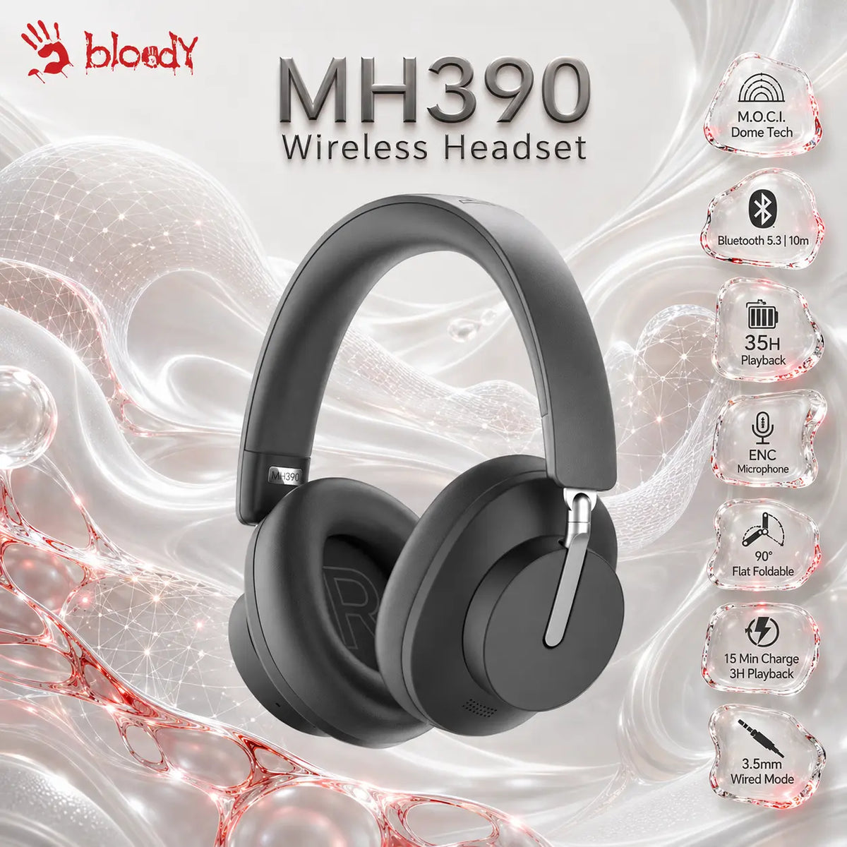 BLOODY MH390 Bluetooth v5.3 Gaming Headset, 40mm Hybrid Driver, M.O.C.I. Dome Tech, 35H Playtime, ENC Mic, 10m Range, 3.5mm Wired Mode, USB-C Fast Charge,, Foldable Design | BLACK