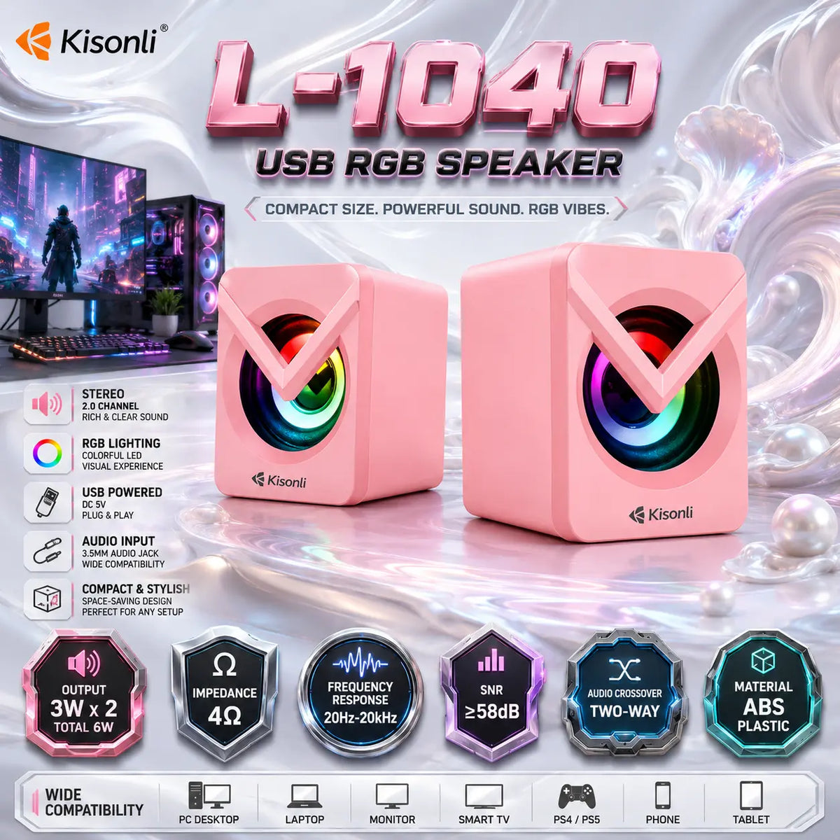 Kisonli L-1040 Pink 2.0 USB RGB Speakers, Dual 3W Output, 5V USB Power, 3.5mm Audio Input, 20Hz–20kHz Response, 4Ω Impedance, ≥58dB SNR, Compact ABS Design for PCs and Laptops