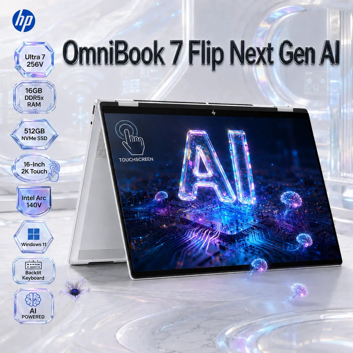 HP OmniBook 7 Flip Next Gen AI : Intel® Core Ultra 7 256V | 16GB DDR5x RAM ; 512GB NVMe SSD | 16-inch 2K TouchScreen | Intel® Arc 140V GPU (8GB) | Backlit Keyboard | Windows 11 | Glacier silver ~ 16-au0070wm