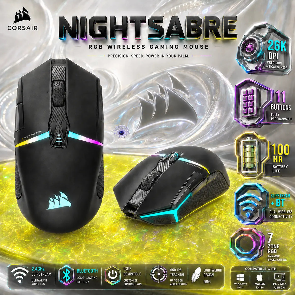 Corsair NIGHTSABRE RGB Wireless Gaming Mouse Black, 26K DPI MARKSMAN Sensor, 11 Programmable Buttons, SLIPSTREAM Bluetooth, 100Hr Battery & iCUE Control | OPEN BOX