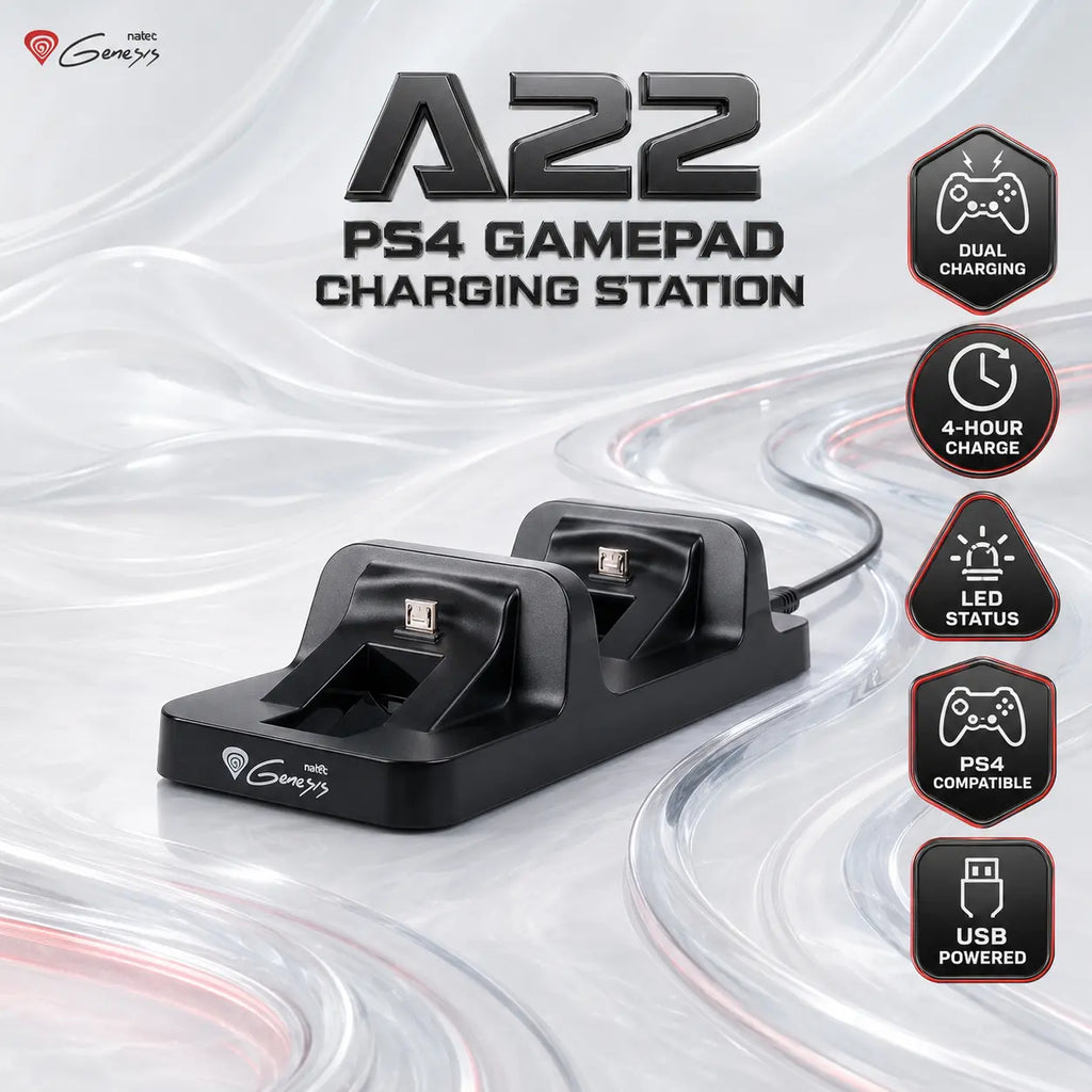 Genesis A22 USB Charging Station for PS4 Gamepads With Dual-Controller Charging, 4-Hour Full Charge, LED Status Indicator, 0.8m USB Cable and Compact Black Dock | NGA-0642