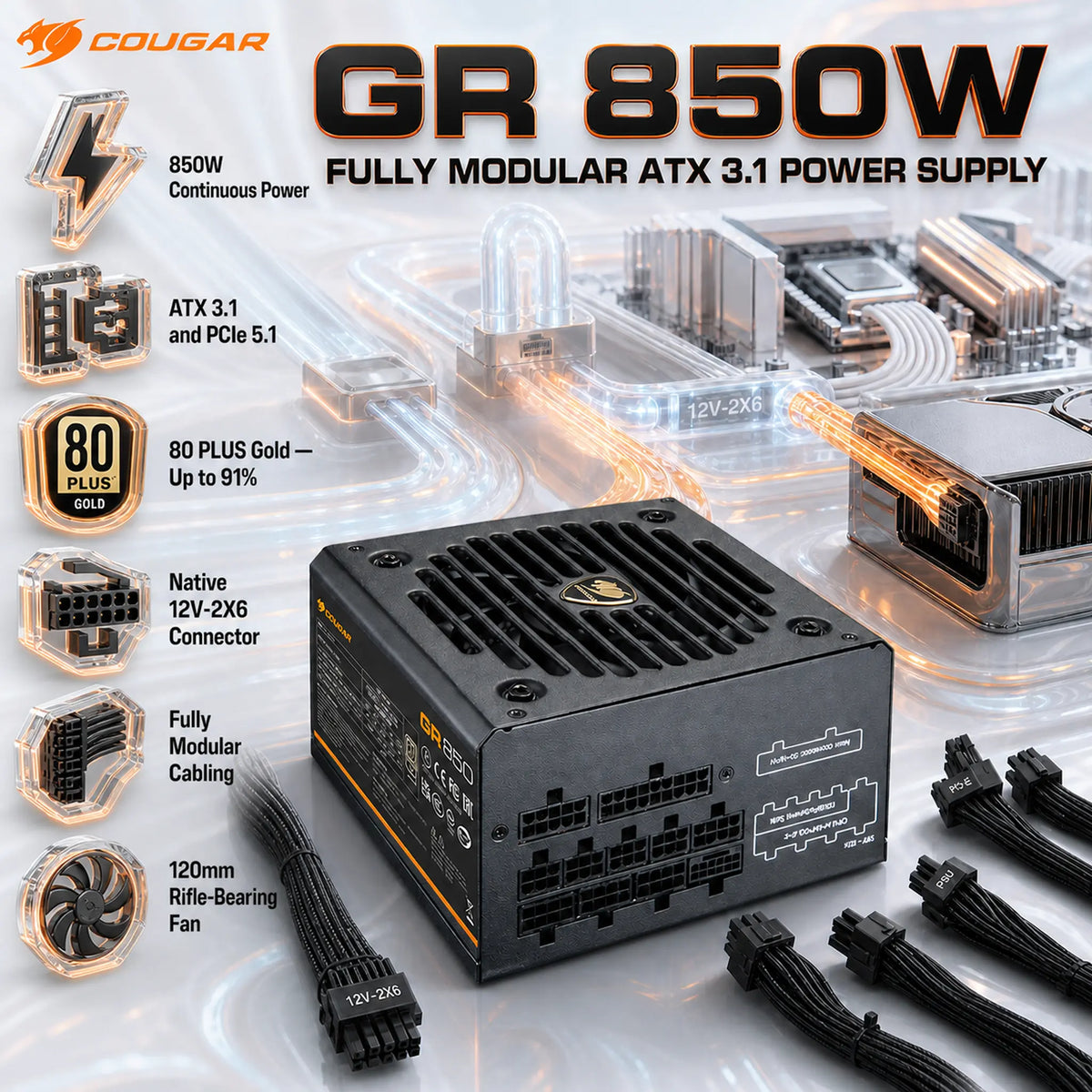 COUGAR GR 850W Fully Modular ATX 3.1 Power Supply — 80 PLUS Gold, PCIe 5.1 12V-2X6, 91% Efficiency, 120mm Rifle-Bearing Fan, Japanese Capacitor, 140mm Compact Design, Black