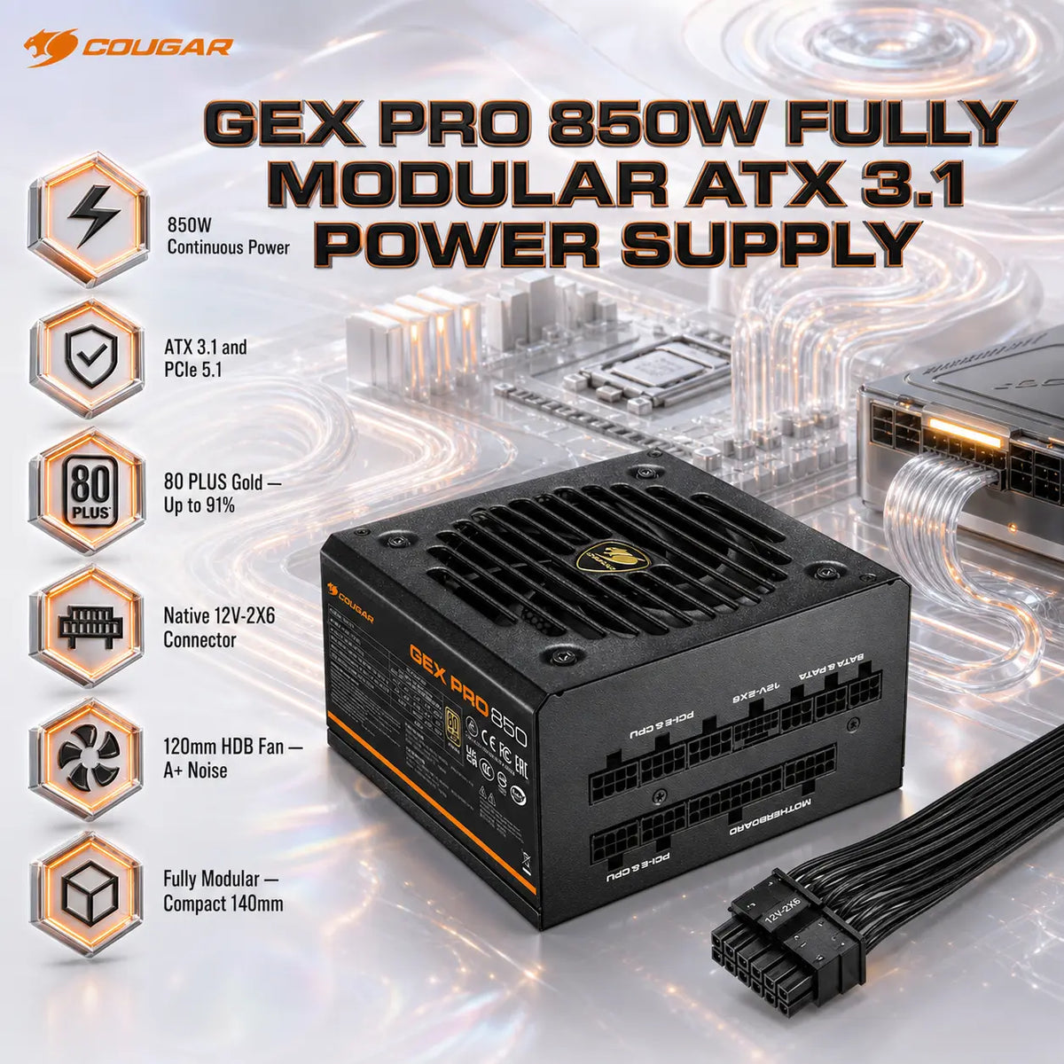 COUGAR GEX PRO 850W Fully Modular ATX 3.1 Power Supply — 80 PLUS Gold, PCIe 5.1 12V-2X6, 91% Cybenetics Gold Efficiency, 120mm Rifle-Bearing Fan, Japanese Capacitor, 140mm Compact Design, Black