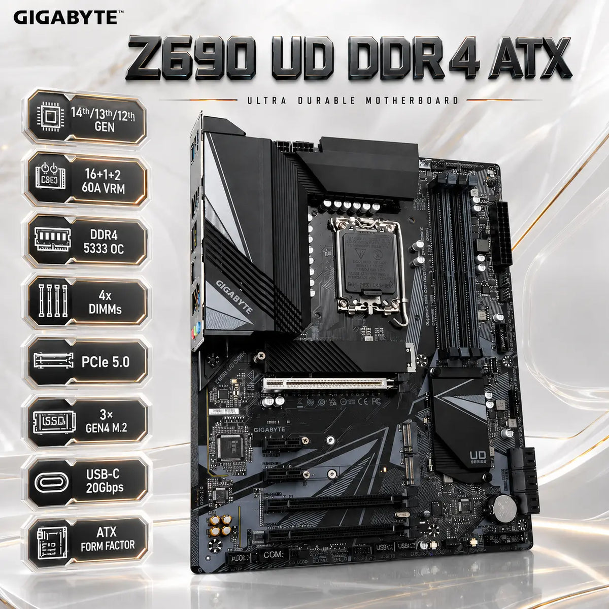 GIGABYTE Z690 UD DDR4 ATX Motherboard, LGA1700, 4x DDR4-5333 OC, PCIe 5.0, Triple Gen4 M.2, 2.5GbE, USB-C 20Gbps, Smart Fan 6, Q-Flash Plus, for 14th/13th/12th Gen | OPEN BOX
