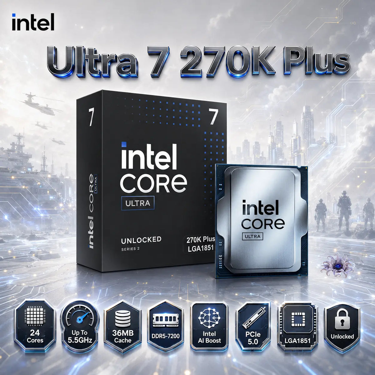 Intel Core Ultra 7 270K Plus Boxed Desktop Processor, 24 Cores, Up To 5.5GHz, 36MB Cache, DDR5-7200, Intel AI Boost, PCIe 5.0, LGA1851, Unlocked | BX80768270K