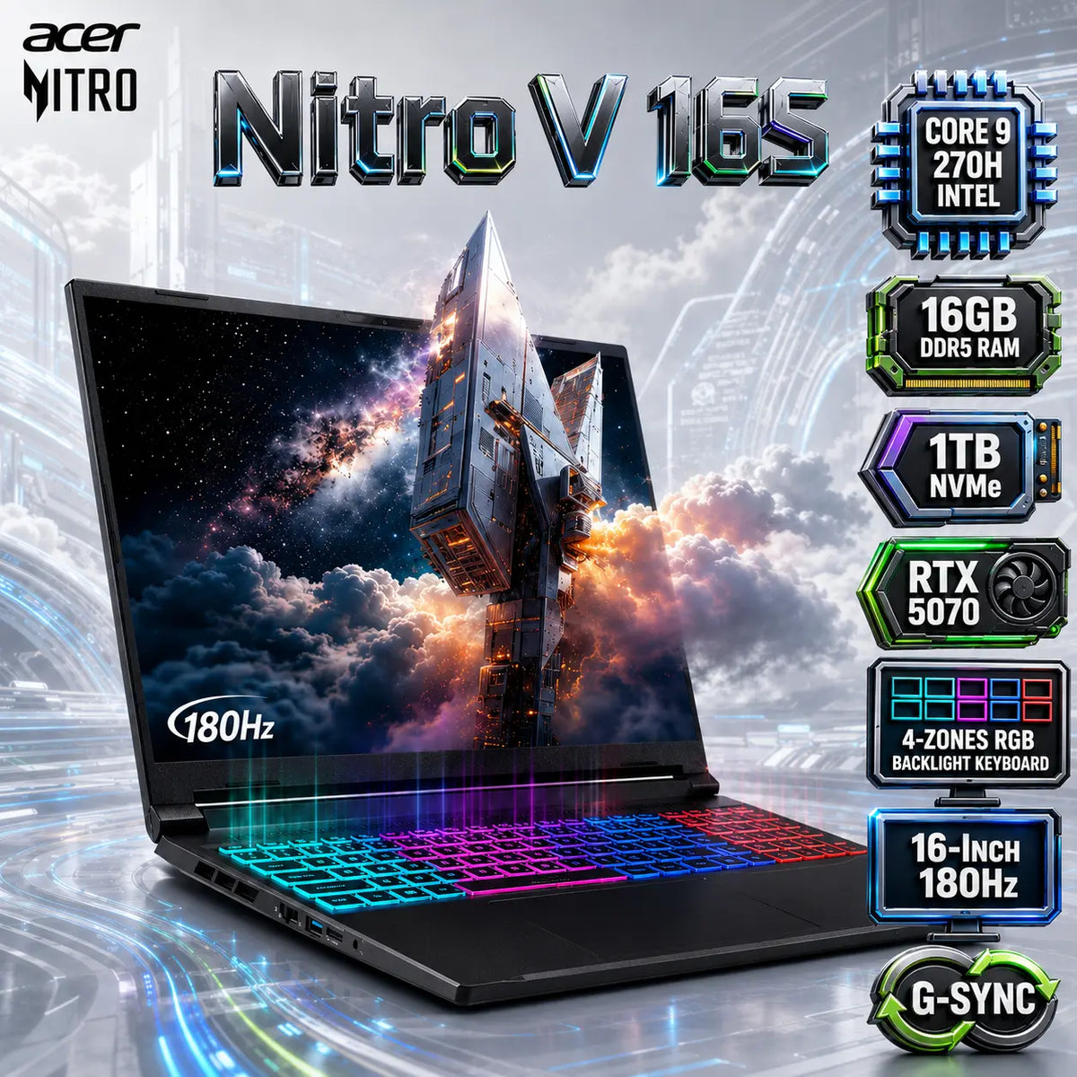 ACER Nitro V 16S Intel® Core 9 – 270H | 16GB DDR5 RAM ; 1TB NVMe | RTX 5070 (8GB) | 16-inch WQXGA IPS 180Hz Display | 4-Zones RGB Backlight Keyboard | DOS | BLACK ~ ANV16S-71-97BE
