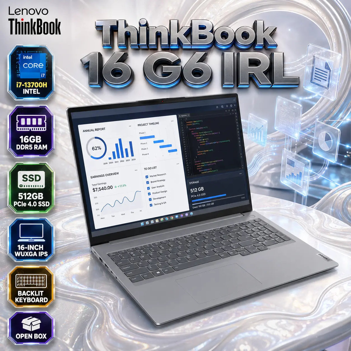 Lenovo ThinkBook 16 G6 IRL Intel® Core i7-13700H | 16GB DDR5 RAM , 512GB SSD | Intel® UHD Graphics | 16″ WUXGA IPS Display | DOS | Backlit Keyboard | Arctic Grey ~ OPEN BOX