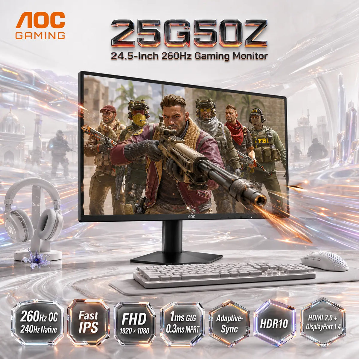 AOC 25G50Z 24.5-Inch FHD Fast IPS Gaming Monitor, 260Hz OC/240Hz Native, 1ms GtG, 0.3ms MPRT, HDR10, Adaptive-Sync, HDMI 2.0, DisplayPort 1.4, VESA 100 × 100 | Black