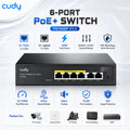 Cudy FS1006P V3.0 6-Port 10/100Mbps PoE+ Switch, 4× IEEE 802.3af/at PoE Ports, 2× Uplink Ports, 65W Supply, 250m Extend Mode, VLAN, Watchdog, Metal Desktop/Wall-Mount Housing