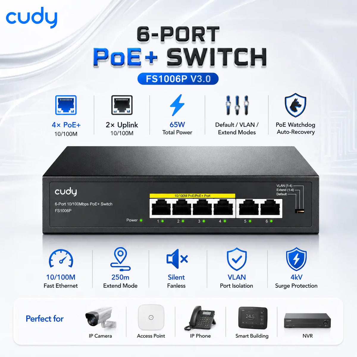 Cudy FS1006P V3.0 6-Port 10/100Mbps PoE+ Switch, 4× IEEE 802.3af/at PoE Ports, 2× Uplink Ports, 65W Supply, 250m Extend Mode, VLAN, Watchdog, Metal Desktop/Wall-Mount Housing