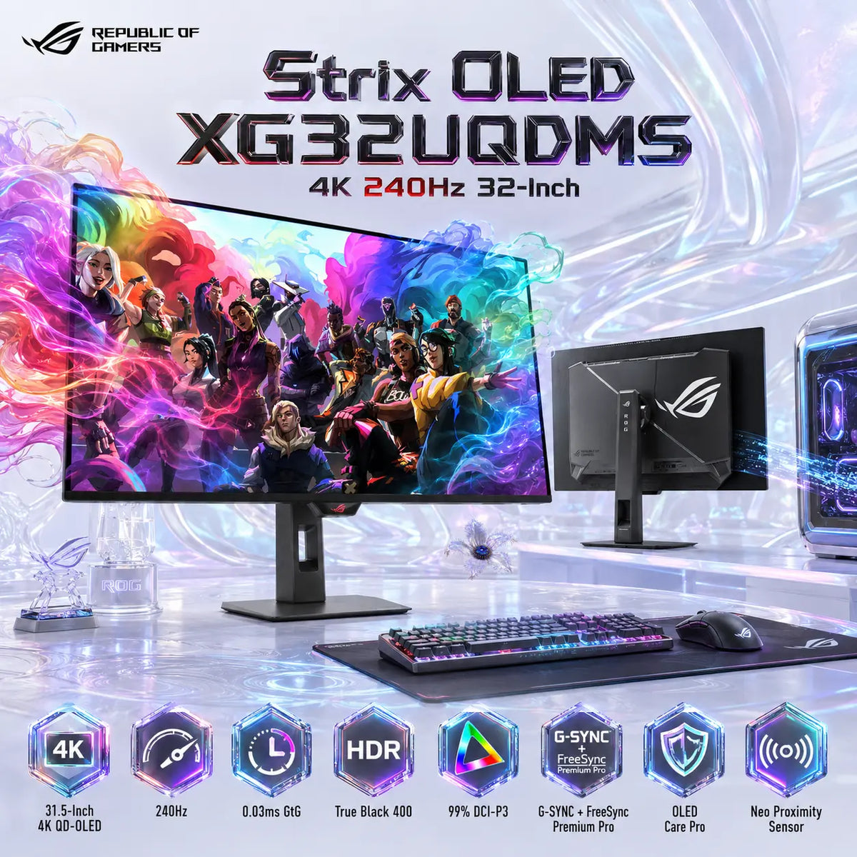 ASUS ROG Strix OLED XG32UQDMS 31.5-Inch 4K QD-OLED Gaming Monitor, 240Hz, 0.03ms, HDR True Black 400, 99% DCI-P3, Dual HDMI 2.1, G-SYNC, FreeSync Premium Pro and OLED Care Pro