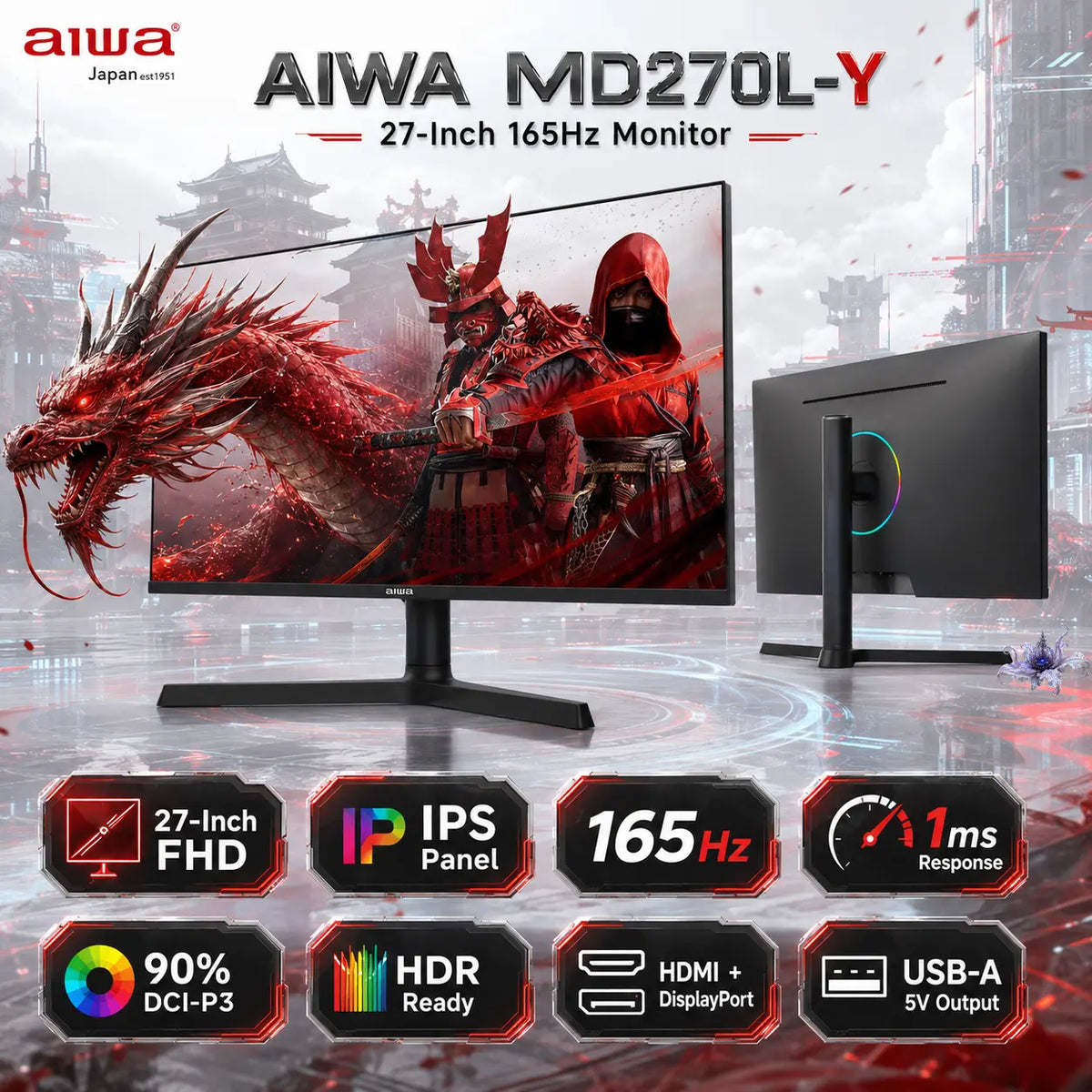 AIWA 27-Inch Full HD IPS Gaming Monitor, 165Hz, 1ms, HDR Ready, 90% DCI-P3, HDMI, DisplayPort, Earphone Out, USB-A 5V Output and Ultra-Narrow Frame | MD270L-Y