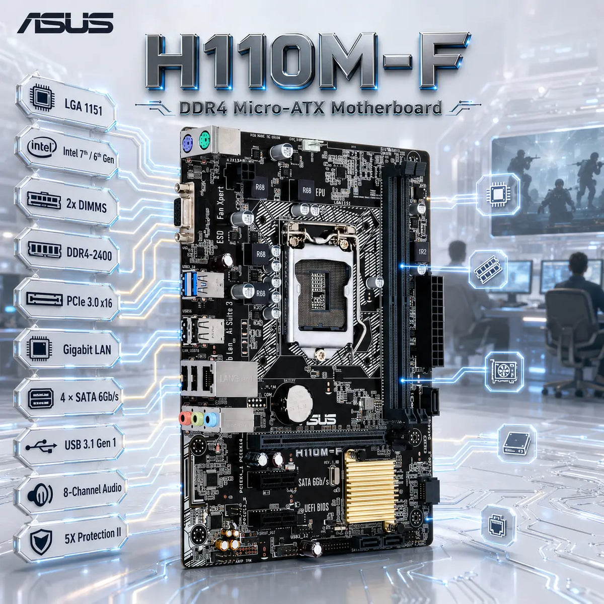 ASUS H110M-F DDR4 Micro-ATX Motherboard With LGA 1151, Intel 7th/6th Gen CPU Support, 2x DIMMs DDR4-2400, PCIe 3.0 x16, Gigabit LAN, VGA, SATA 6Gb/s, USB 3.0, 8-Channel Audio And EZ Flash 3