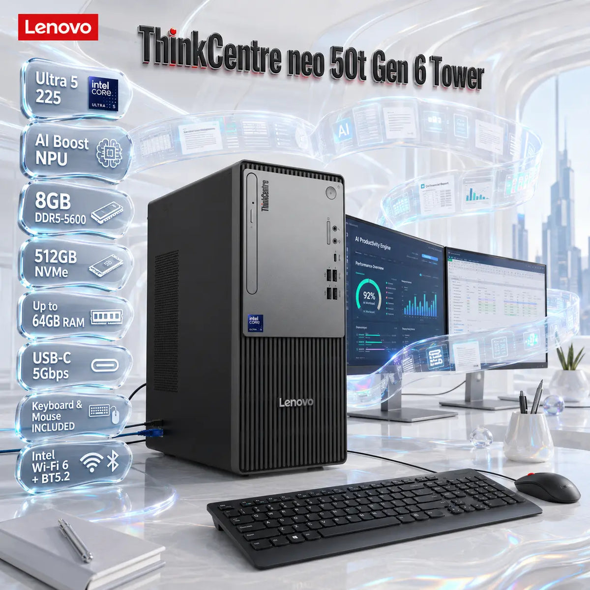 Lenovo ThinkCentre neo 50t Gen 6: Core Ultra 5 225 | 8GB DDR5-5600, 512GB NVMe | Intel Graphics | DOS | Wi-Fi® 6 + BT5.2 | Keyboard & Mouse Included | USB-C, HDMI 2.1, DisplayPort 1.4